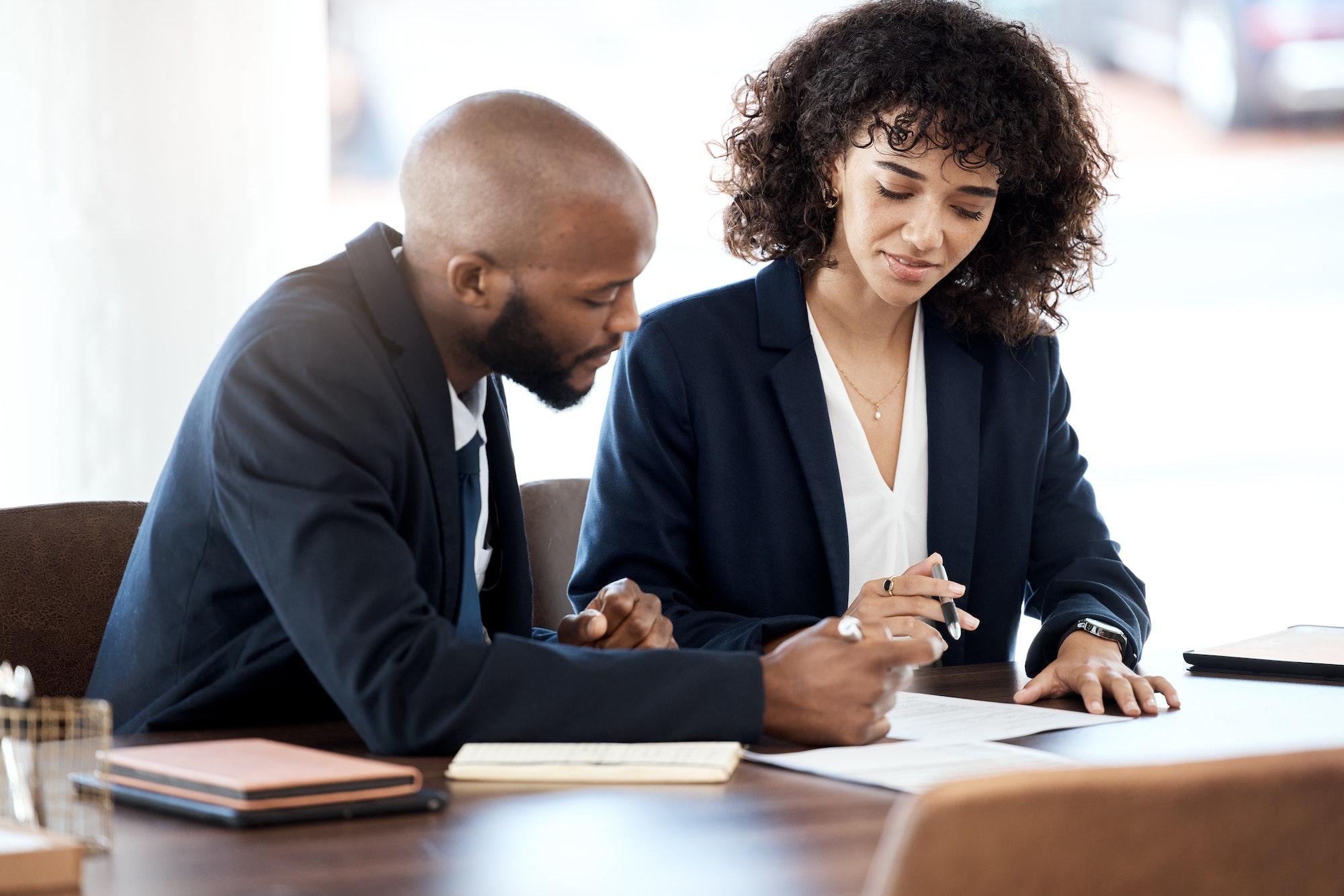 Contract consulting, business and black people planning of accounting budget, company portfolio or